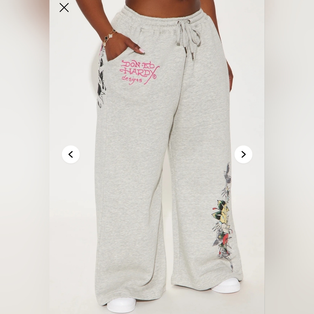 ED HARDY Rose And Sword Sweatpants Womans Sz 1XL Wide Leg Heather Grey - Picture 3 of 9